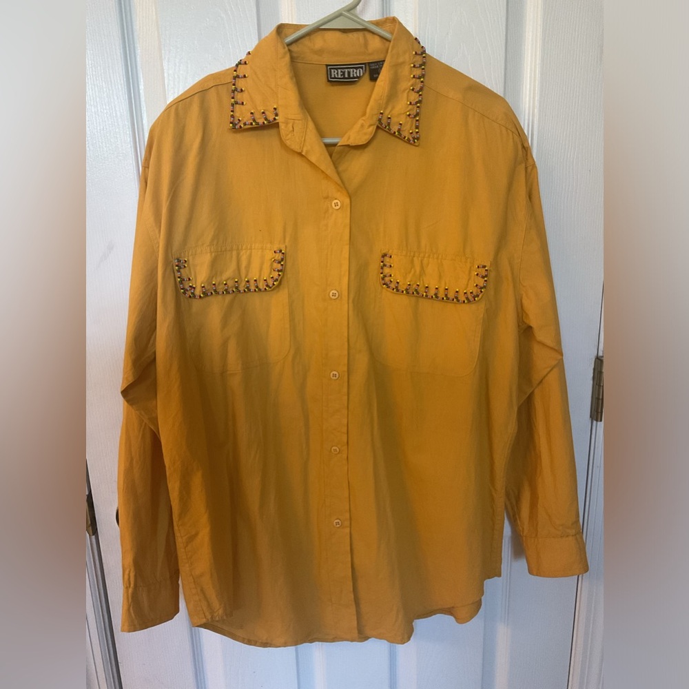 Vtg retro Beaded Mustard Western Cowgirl Rodeo Shirt Sz M Long Sleeves & Pockets